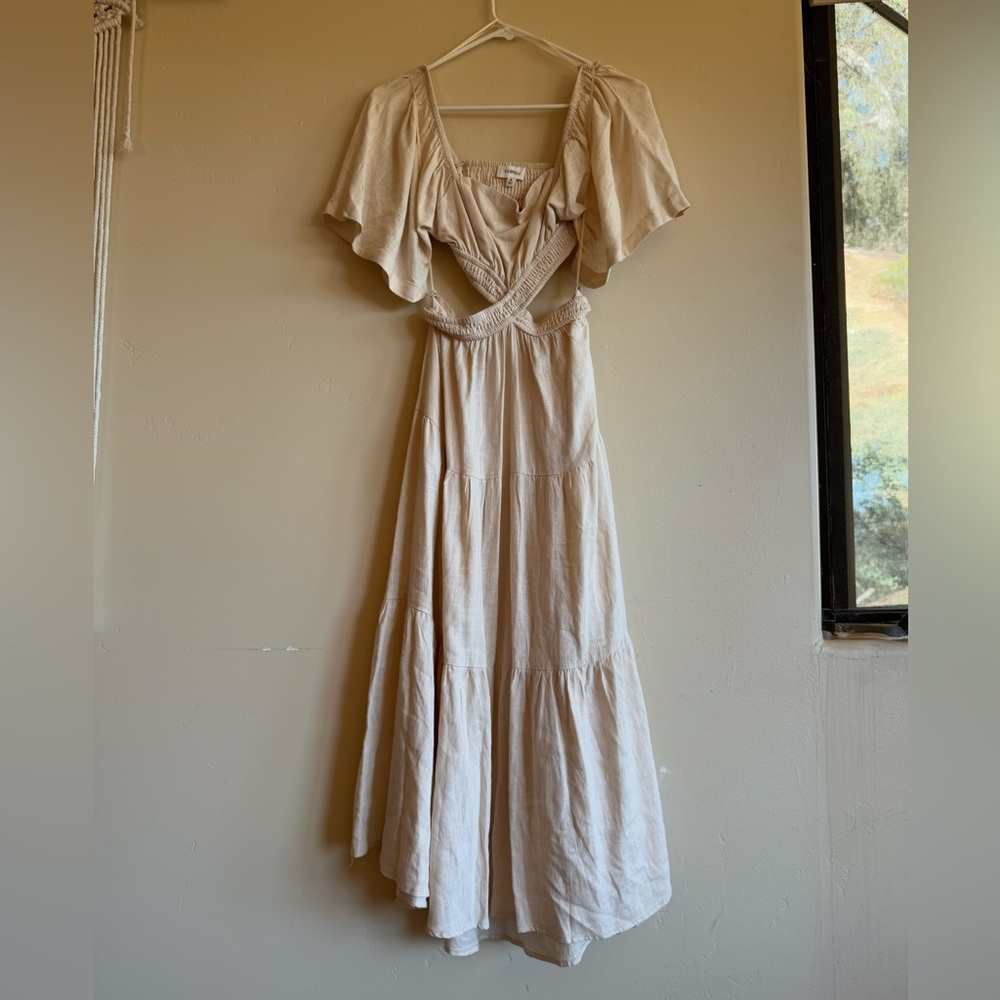 Hersy linen square neckline with flowy sleeves waist cutout flowy maxi dresss S